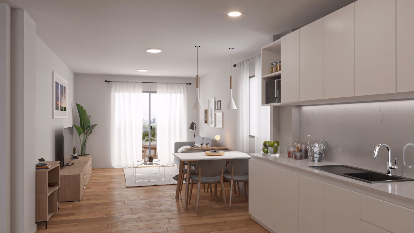 Cocina abierta con isla del ático con mesa de comedor y puertas a la terraza